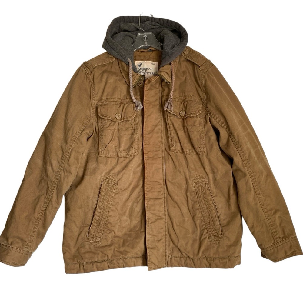 Vintage American Eagle Y2K Utility Hooded Jacket Mens L Khaki Canvas Quilted